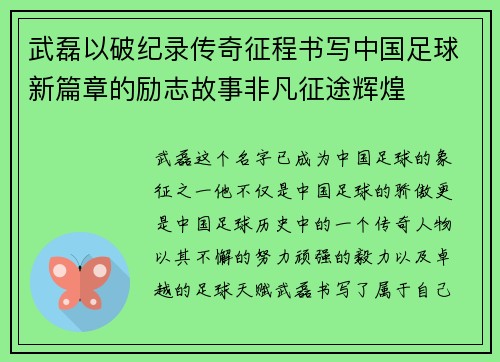 武磊以破纪录传奇征程书写中国足球新篇章的励志故事非凡征途辉煌
