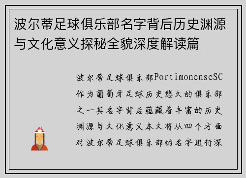 波尔蒂足球俱乐部名字背后历史渊源与文化意义探秘全貌深度解读篇