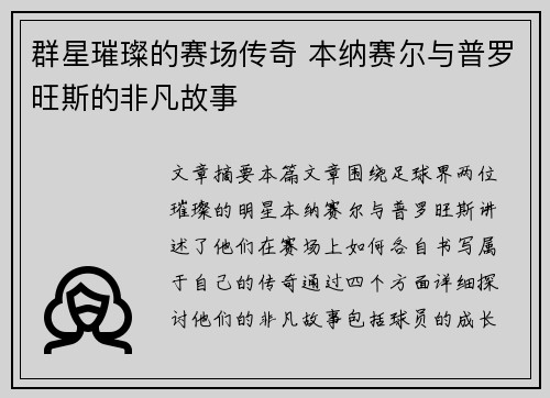 群星璀璨的赛场传奇 本纳赛尔与普罗旺斯的非凡故事